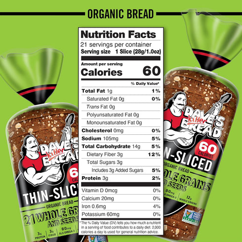 21 20.5 oz Dave's Killer Bread Whole Grains & Seeds Thin-Sliced, Whole Grain Organic Bread, Loaf