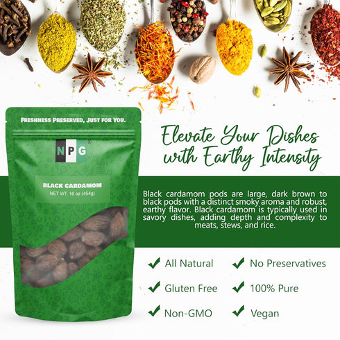 16 NPG Premium Black Cardamom Pods (Tsao Ko/Cao Guo) Ounces Whole, Large, and Aromatic Brown Seed Pods, All-Natural