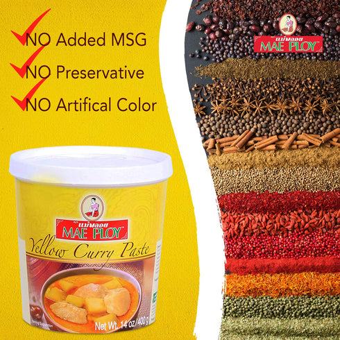Mae Ploy Thai Yellow Curry Paste, 14oz Tub for Restaurant-Quality Curries, No MSG