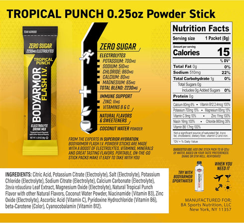 Packets, Packs, (15 Count) BODYARMOR Flash I.V. Electrolyte Tropical Punch, Zero Sugar Drink Mix, Single Serve Coconut