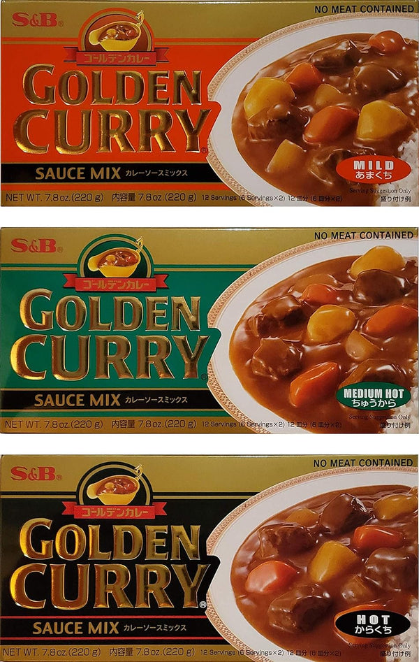 Soyum S&B Golden Curry Sauce Mix, Mild,Medium Hot and Hot 7.8-Ounce (Pack of