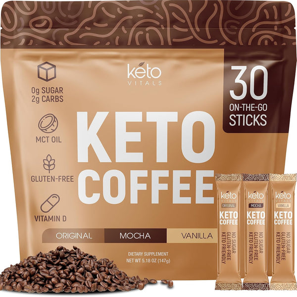 Keto Vitals Instant Keto Coffee Powder - Low-Calorie Sweetened Coffee Packets in Original, Vanilla, & Mocha Flavors -