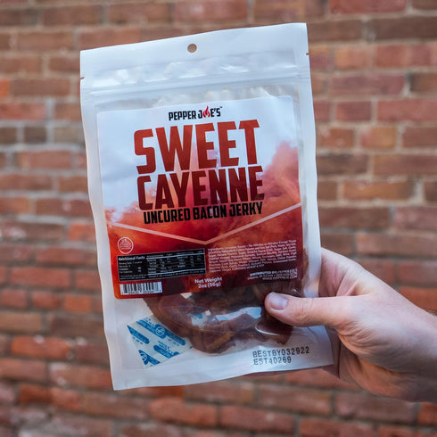 2 Pepper Joes Sweet Cayenne Bacon Jerky Dangerously Delicious Uncured Sweet and Spicy Bacon Jerky with Real Cayenne