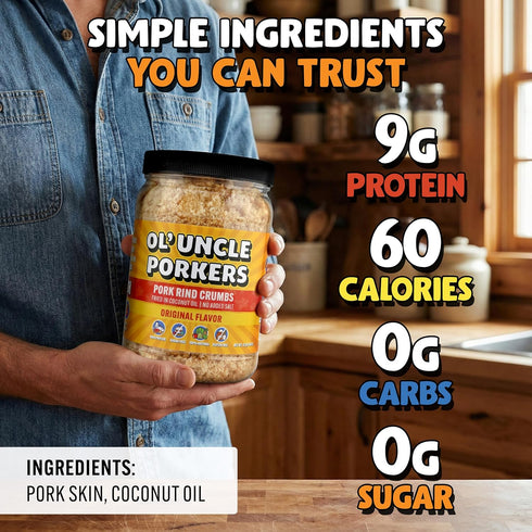 12 oz Ol' Uncle Porkers Original Pork Rind Crumbs, Keto Breadcrumbs, Zero Net Carbs, High Protein, Sugar-Free
