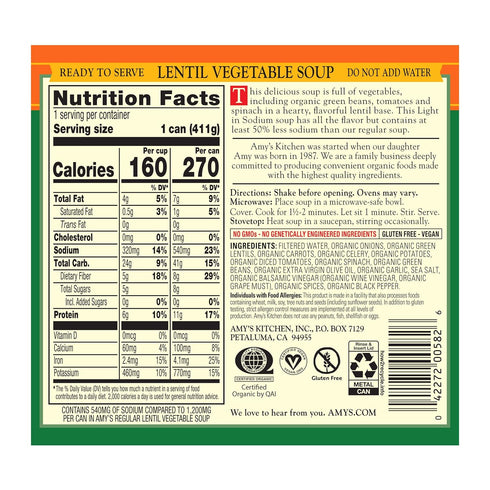 14.5 Amy's Lentil Vegetable Low Sodium Organic Soup, Ounce