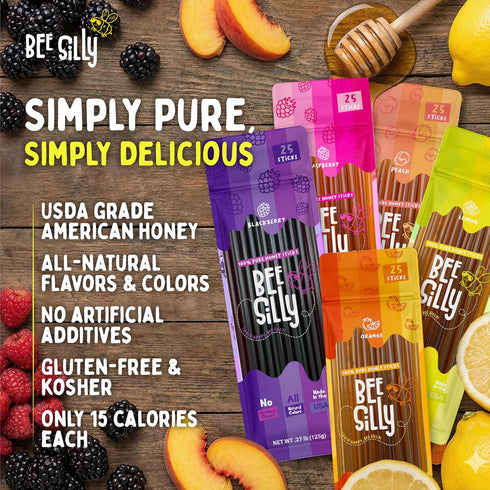 Bee Silly 15 (25 pack, Flavored Honey Sticks - USDA Grade Single Serve Straws, Only Calories Each - Pure Natural