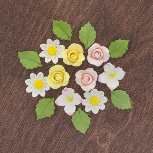 Summer 42 Count 60 Global Sugar Art Blossom, Roses and Leaves Edible Sugar Cake & Cupcake Flowers, Assorted Colors