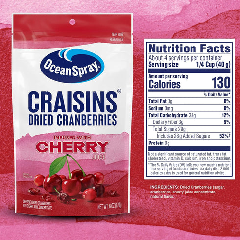 6oz Ocean Spray Craisins Sweetened Dried Cranberries, Cherry Flavored, Pouch
