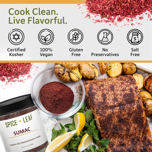 3.5 oz. Premium Ground Sumac Spice by SPICE + LEAF - Vegan Kosher Preservative Free Red Middle Eastern Ground Herb