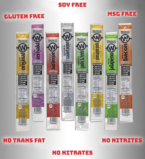 Pack 20 8 Western's Smokehouse Meat Sticks Variety of Flavors of Pork and Beef Jerky Sticks - Gluten-Free, MSG-Free