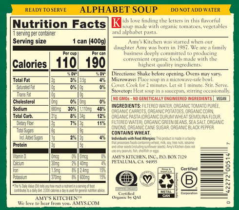 14.1 Oz Amys Soup, Vegan Alphabet Soup, Low Fat, Made With Organic Potatoes, Carrots and Green Beans, Canned Soup