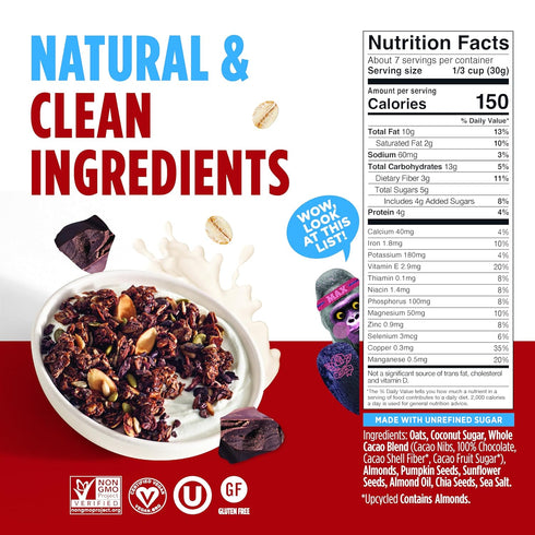 70% 5g 7 oz Blue Stripes Whole Cacao Granola - Gluten Free Dark Chocolate Granola for Cereal, Oatmeal, Yogurt, Protein