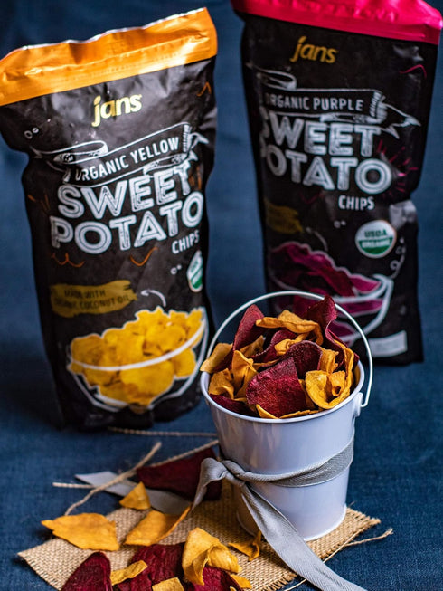 4oz Jans Organic Sweet Potato Chips, Yellow | USDA Organic | Gluten-Free Vegan Snack | No Preservatives or Coloring |
