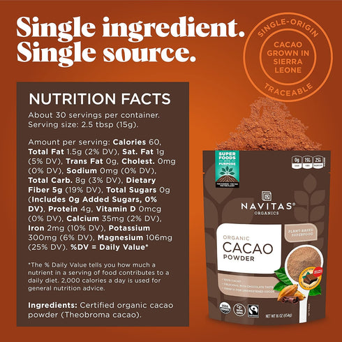 16 oz. (Pack 2) (19-002) Navitas Organics Cacao Powder, Bags of Organic, Non-GMO, Fair Trade, Gluten-Free