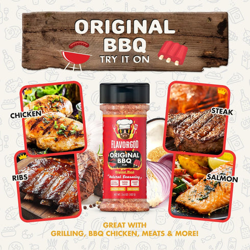 2 Flavor God Bottles Original BBQ Rub Mix, Natural Healthy Spice Blend For Grilling Chicken, Wings, Beef, Pork, Bacon