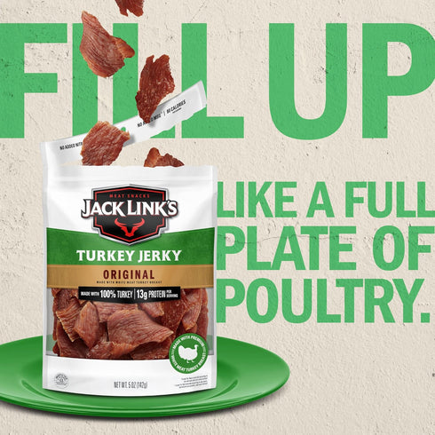 13g 100% 5 Oz. Jack Link's Turkey Jerky, Original, Jerky Bag - Flavorful Snack, Ready to Eat Protein Snacks