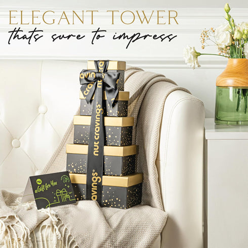 (8 Package, NUT CRAVINGS - Mothers Day Treats, Dried Fruit & Mixed Nuts Gift Basket, Black Tower + Ribbon Assortments)