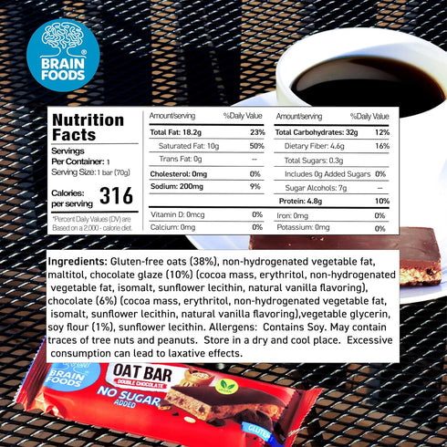 2.5oz, 316 (12 BRAIN FOODS Oat Bar - Gluten Free, Vegan, No Sugar Added, No Palm Oil, Calories, Bars) (Double