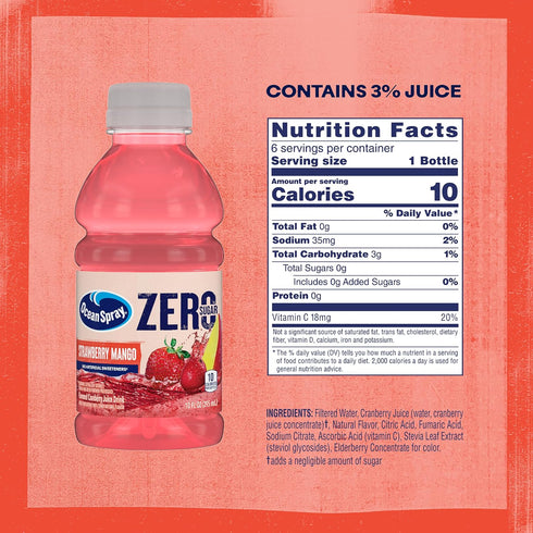 10 Oz 6 Count (Pack 4) Ocean Spray ZERO Sugar Strawberry Mango Juice Drink, Strawberry Mango Juice Drink Sweetened