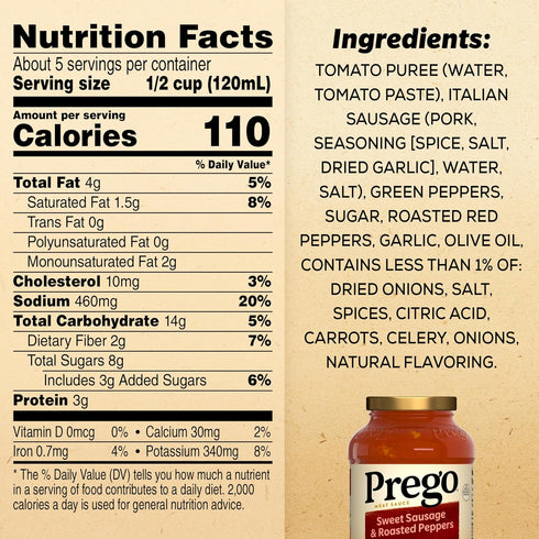 23.5 OZ 6) (Pack 2) Prego Sweet Sausage and Roasted Peppers Pasta Sauce, Jar (Case