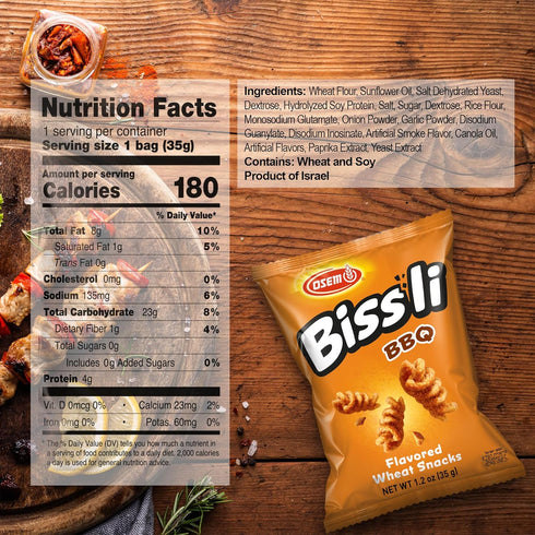 Packaged 1.23oz (Pack 12) Osem Bissli Crunchy BBQ Wheat Snack - Kosher, No Artificial Colors or Preservatives