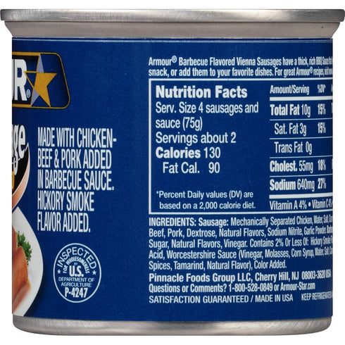 Armour 7g 4.6 oz. Pack 24) Star Vienna Sausage, BBQ Flavored, Ready to Eat Canned Sausage, Protein Per Serving, (Bulk