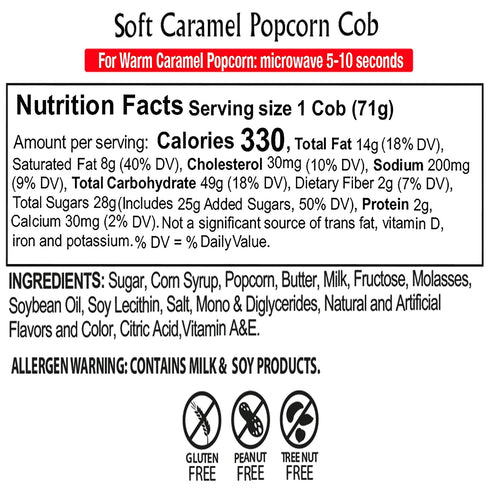 16 2.5 oz Caramel Cob Soft Caramel Popcorn Individually Wrapped Bars Gluten-Free, Peanut & Tree Nut-Free Microwaveable