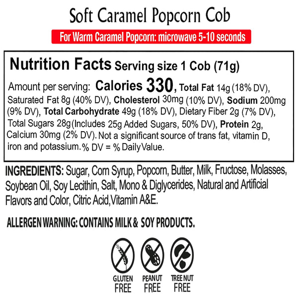 16 2.5 oz Caramel Cob Soft Caramel Popcorn Individually Wrapped Bars Gluten-Free, Peanut & Tree Nut-Free Microwaveable