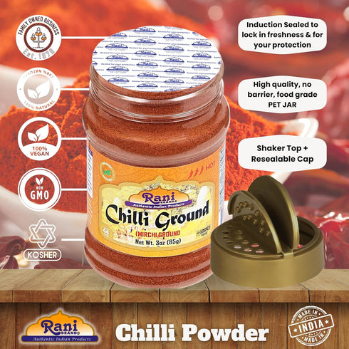 Rani Ground Chilli Powder (Mirchi) Indian Spice, 3oz (85g) PET Jar, All Natural | Salt-Free | Vegan | No Colors