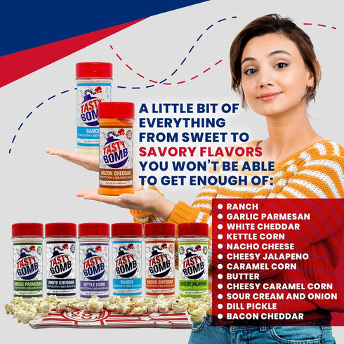 Pack 6 2.8-3 Oz. Flavorful Popcorn Seasoning Variety Seasonings in White Cheddar Cheese, Ranch, Garlic Parmesan & More