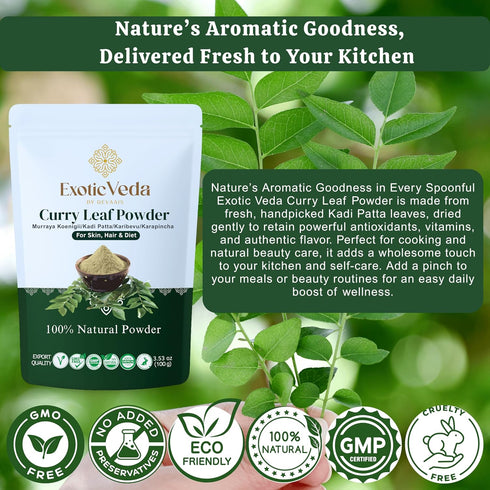 100g (3.53oz) Exotic Veda Curry Leaf Powder Kadi Patta (Murraya koenigii) | Vegan, NonGMO, AdditiveFree Indian Spice |