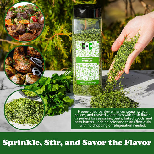 3 Oz, NPG Freeze-Dried Parsley Flakes Dehydrated Chopped Parsley for Cooking, Soups, Pasta, and Garnish, Aromatic Herb