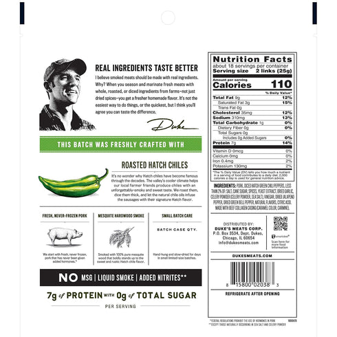 7g 16oz. Duke's Pork Hatch Green Chile Smoked Shorty Sausages, Protein Per Serving