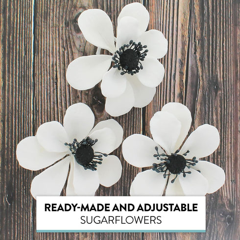 3 Count Global Sugar Art Poppy Anemone Sugar Cake Flowers White with Black Center, by Chef Alan Tetreault