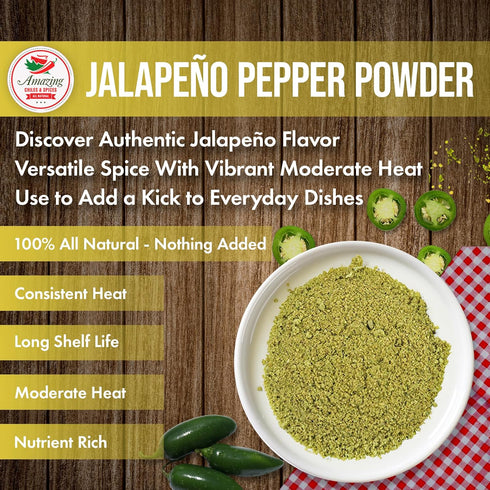 Jalapeno Powder Seasoning 4oz - Natural Premium Spice for Chili, Salsa, Stews, Tacos, Medium to High Heat