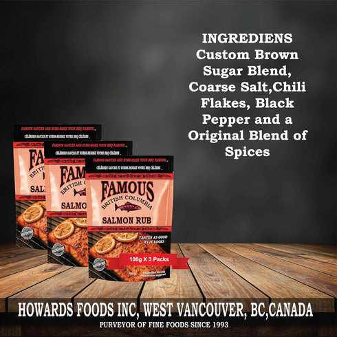 Famous 100g Pack 3 (3, 100g) British Columbia Salmon Rub Authentic West Coast Salmon Seasoning for BBQ, Oven, and Cedar