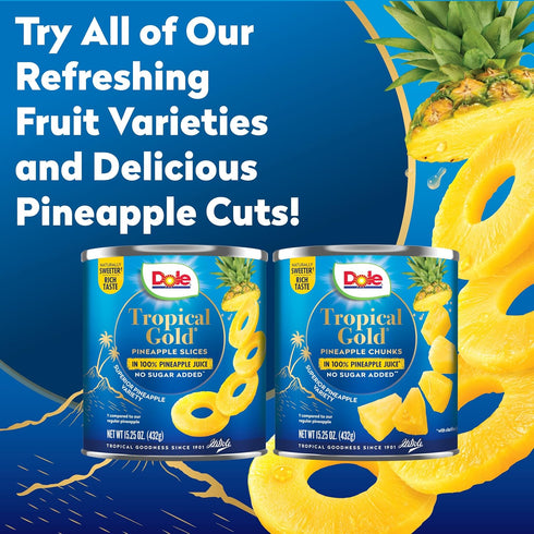100% 15.25 Oz, 12 Count Dole Canned Fruit, Tropical Gold Pineapple Chunks in Pineapple Juice, Gluten Free, Pantry