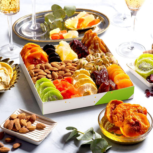 (12 Package, NUT CRAVINGS - Dried Fruit & Mixed Nuts Gift Basket in White Gold Box Assortments) Food Arrangement