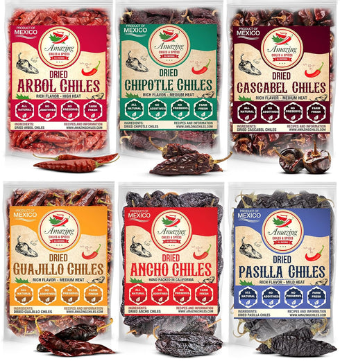 Dried Peppers 6 Pack Bundle - Ancho, Guajillo, Pasilla, Arbol, Chipotle, Cascabel