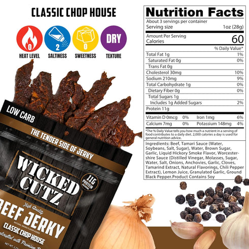 33g (2 Wicked Cutz Classic Chop House Beef Jerky, Protein Per Bag, Tender & Easy to Chew Alternative to Beef Sticks