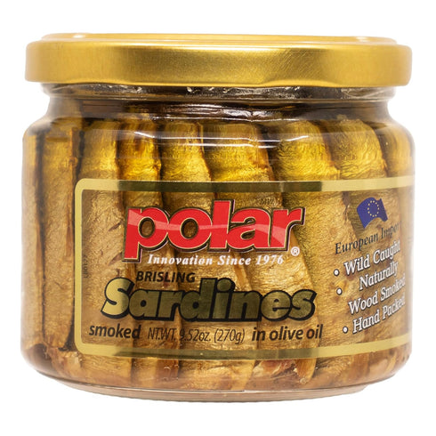 9.5oz (Pack 6) Hand-Packed, Omega-3, MW Polar Naturally Alder Wood Smoked Brisling Sardines in Olive Oil, Jar of |