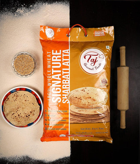 TAJ Gourmet Foods 20-Pounds 100% TAJ Signature Sharbati Atta (Chakki Atta - Stone Ground), Whole Wheat Flour, Chappati