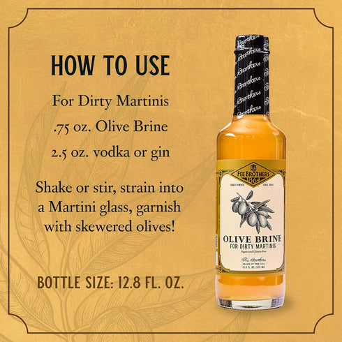 12.8 Oz Fee Brothers Olive Brine - Dirty Martini Olive Juice, Cocktail Mixer, Hand Crafted in the USA, Fl