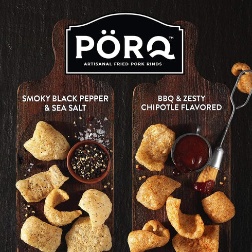 pack, 2 PORQ Artisan Fried Pork Rinds variety BBQ & Zesty Chipotle, Smoky Black Pepper & Sea Salt, and Fine Herbs