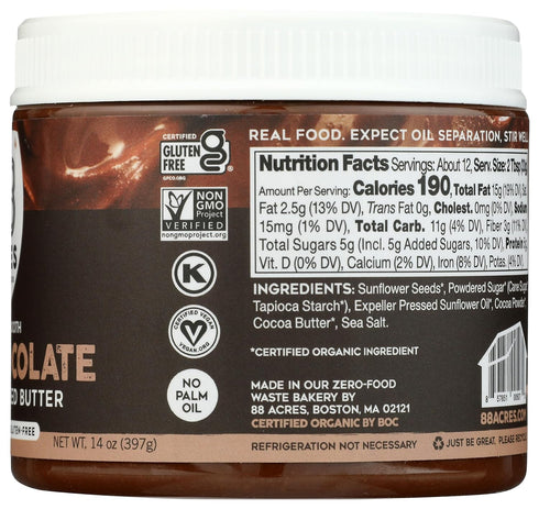 88 14 OZ ACRES Organic Sunflower Seed Butter Chocolate