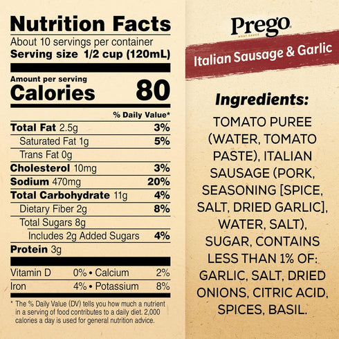 44 OZ (Pack 2) Prego Italian Sausage and Garlic Meat Sauce, Jar