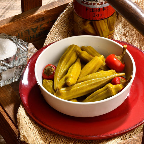 Hot Pickled Crisp Okra in Glass Jar - Amish Valley Products