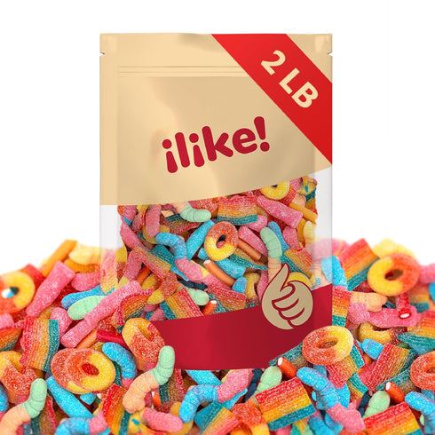 Gummy 2-Pound Gummies Candy Mix | Bag | Peach Rings, Pencil Bites, Neon Worms, Bottles, Belts | Sweet & Sour for Candy