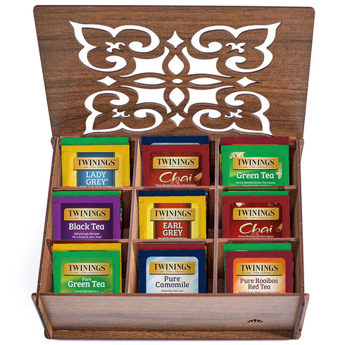 (60 Count) 40 Twinings Tea Bag Sampler Variety with Walnut Wooden Organizer Different Flavours, Gift for Tea Lovers: