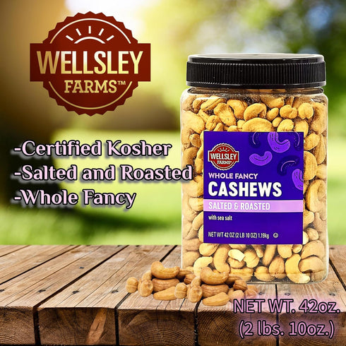 Wellsley Farms 42 oz. Whole Fancy Salted and Roasted with Sea Salt. Whole Cashews, Tub. Certified Kosher